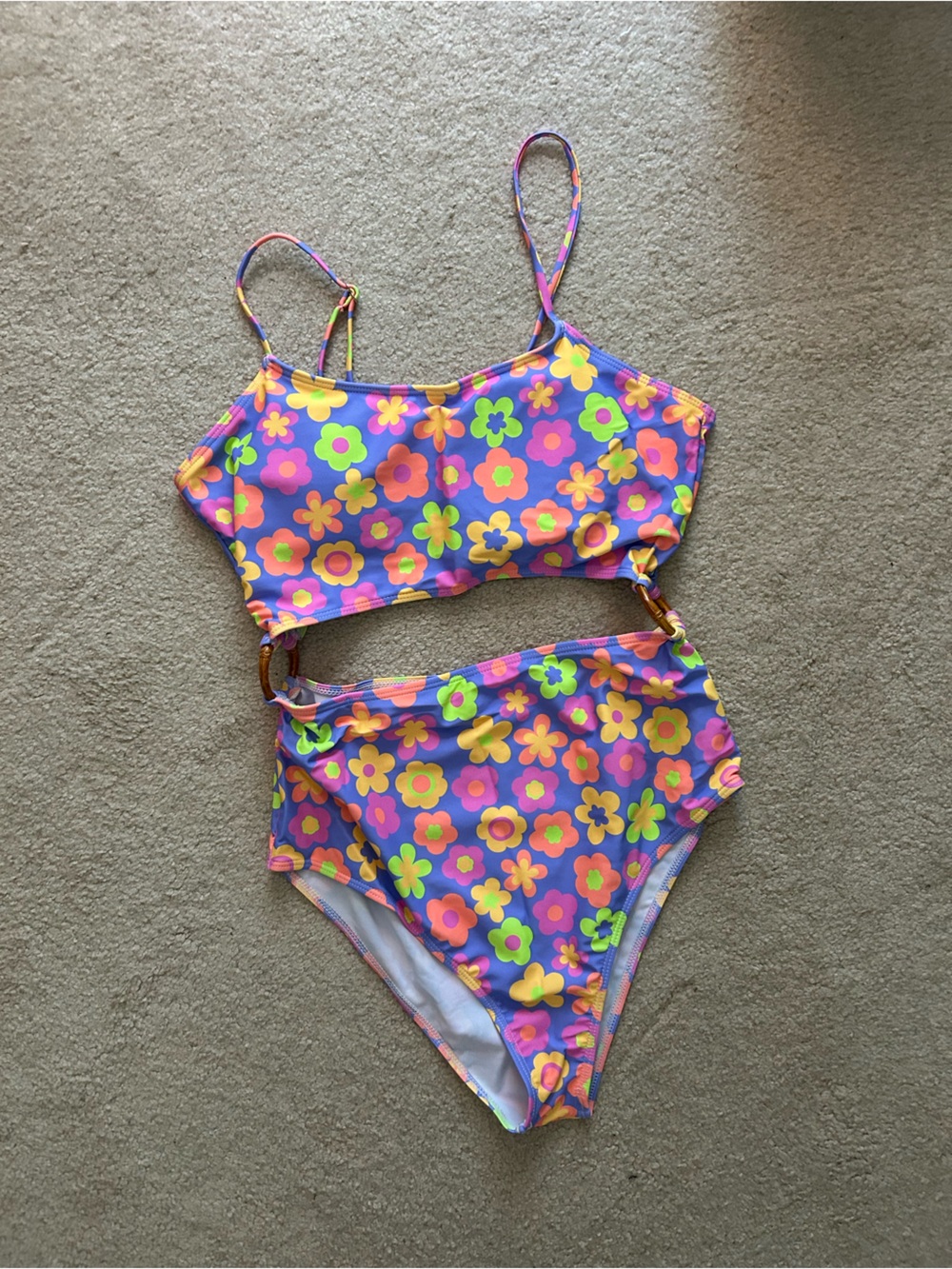 Pink Lily Purple Floral Neon Bikini Set with Pink, Yellow and Green Flowers